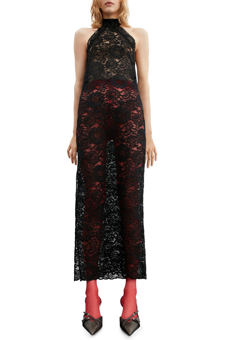 Halter Neck Lace Dress, Main, color, BLACK