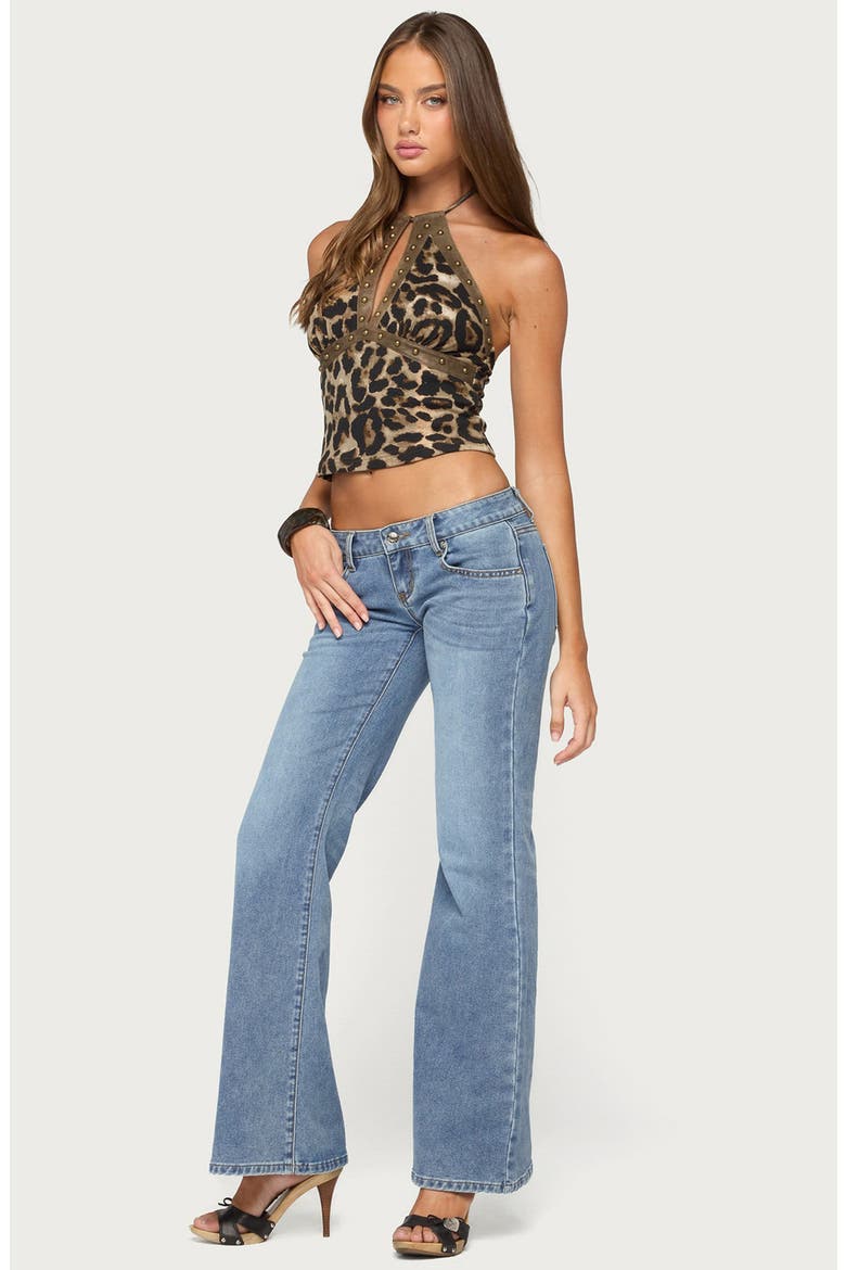 Leopard Keyhole Halter Top with Faux Leather Trim, Alternate, color, LEOPARD