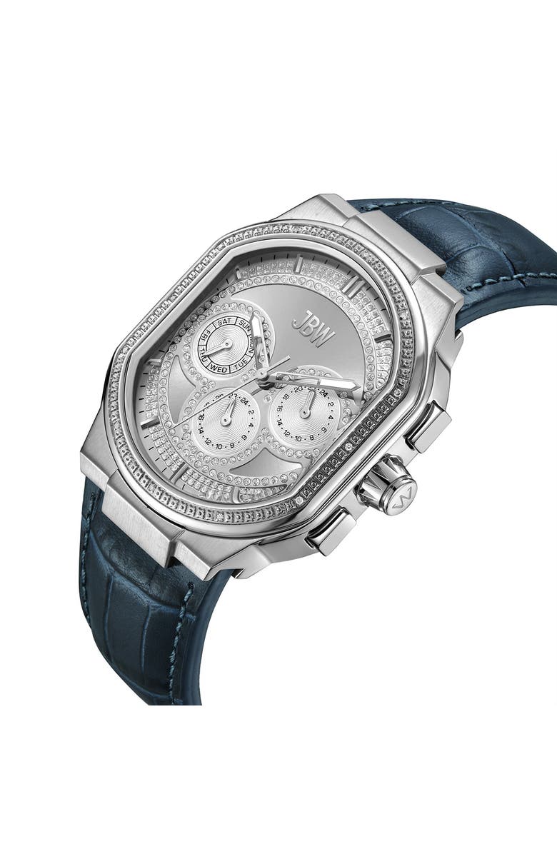 JBW Orion Diamond Leather Strap Watch, 39mm, Alternate, color, Stainless Steel/Blue