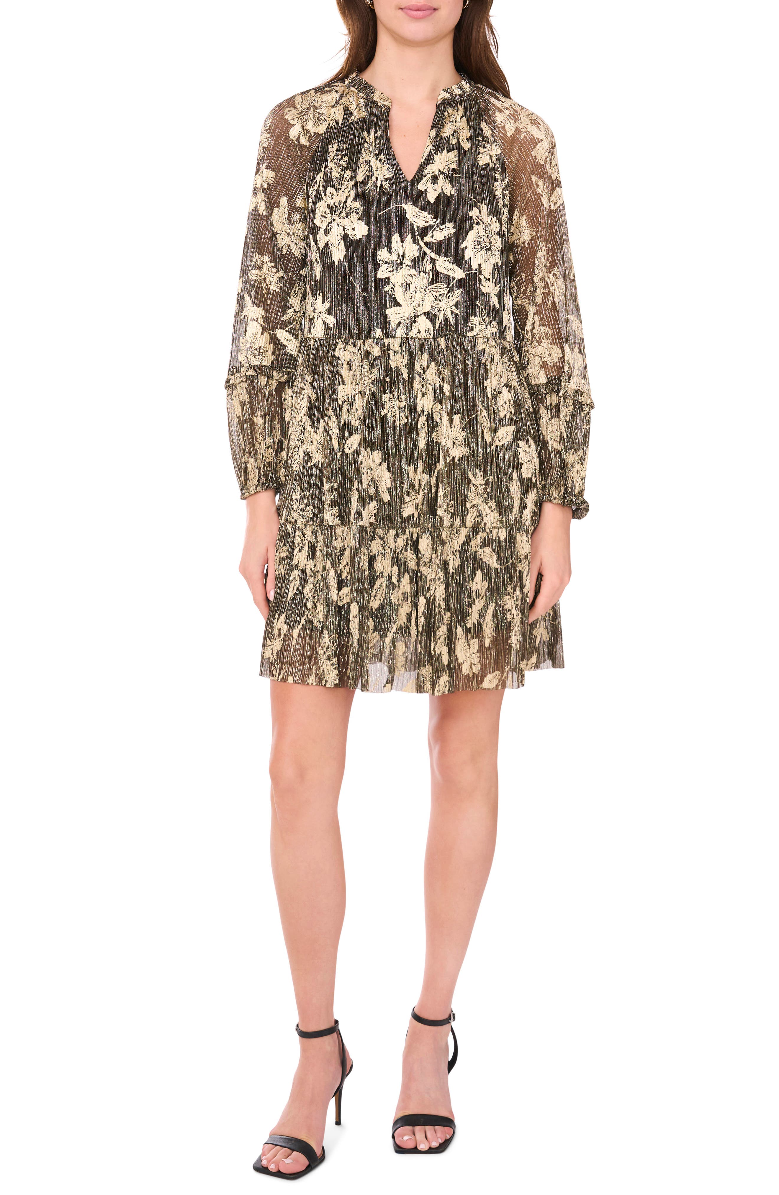 Floral Foil Tiered Long Sleeve Dress
