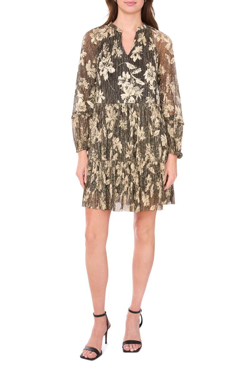 Floral Foil Tiered Long Sleeve Dress, Main, color, BLACK/ GOLD