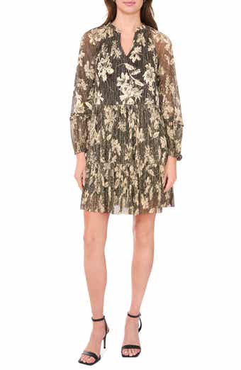 Floral Foil Tiered Long Sleeve Dress
