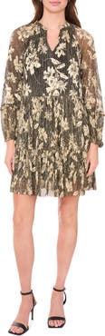 Halogen® Floral Foil Tiered Long Sleeve Dress