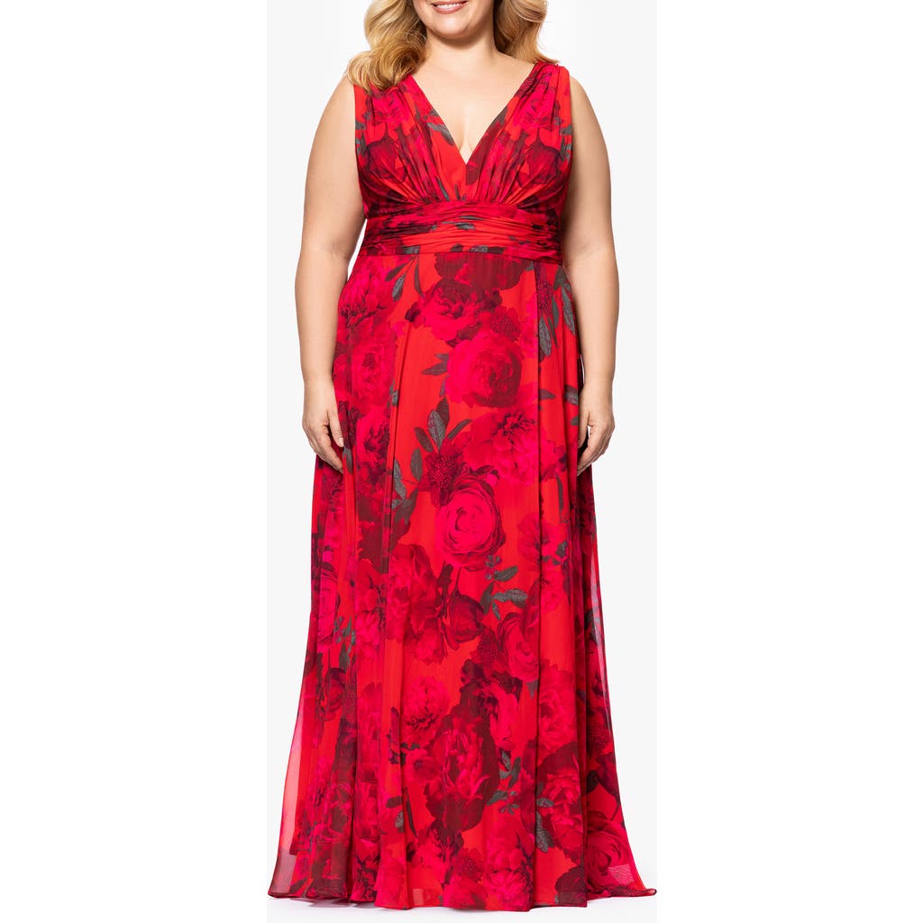 BETSY & ADAM BETSY & ADAM FLORAL A-LINE GOWN