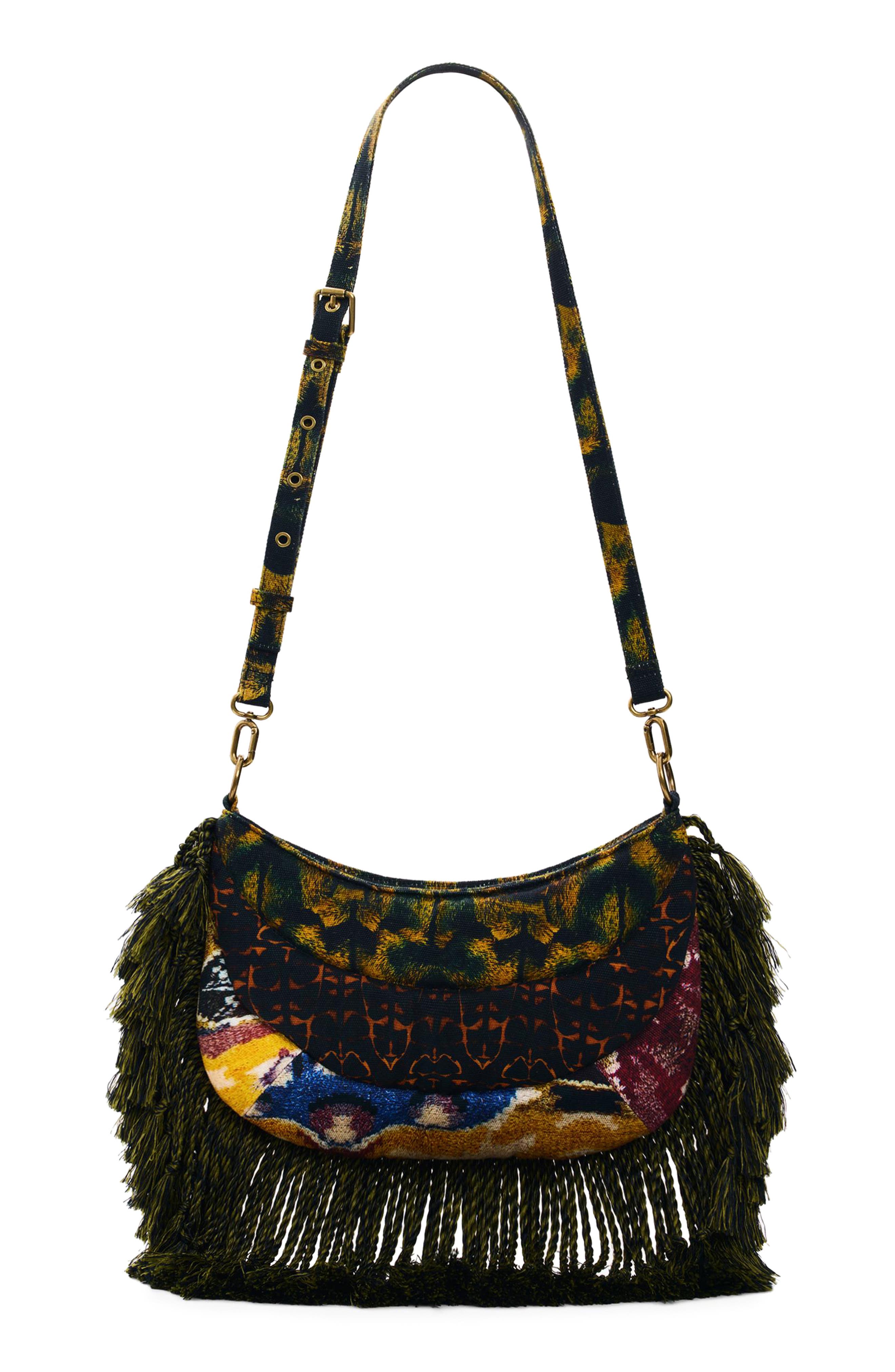 Desigual Fringe Trim Shoulder Bag, Alternate, color, Light Green