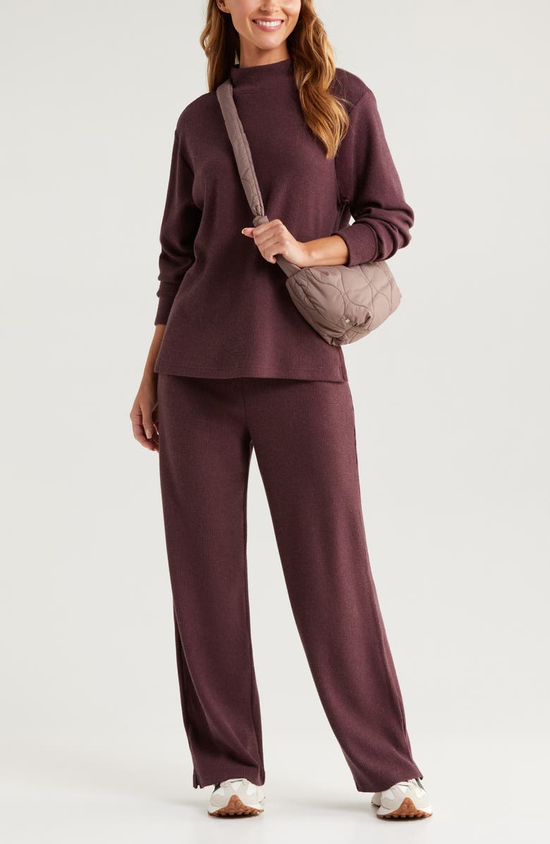 Zella Cozy Waffle Knit Pants, Alternate, color, Burgundy Fudge
