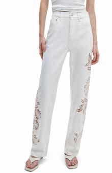 Shea Floral Eyelet High Rise Straight Leg Jeans