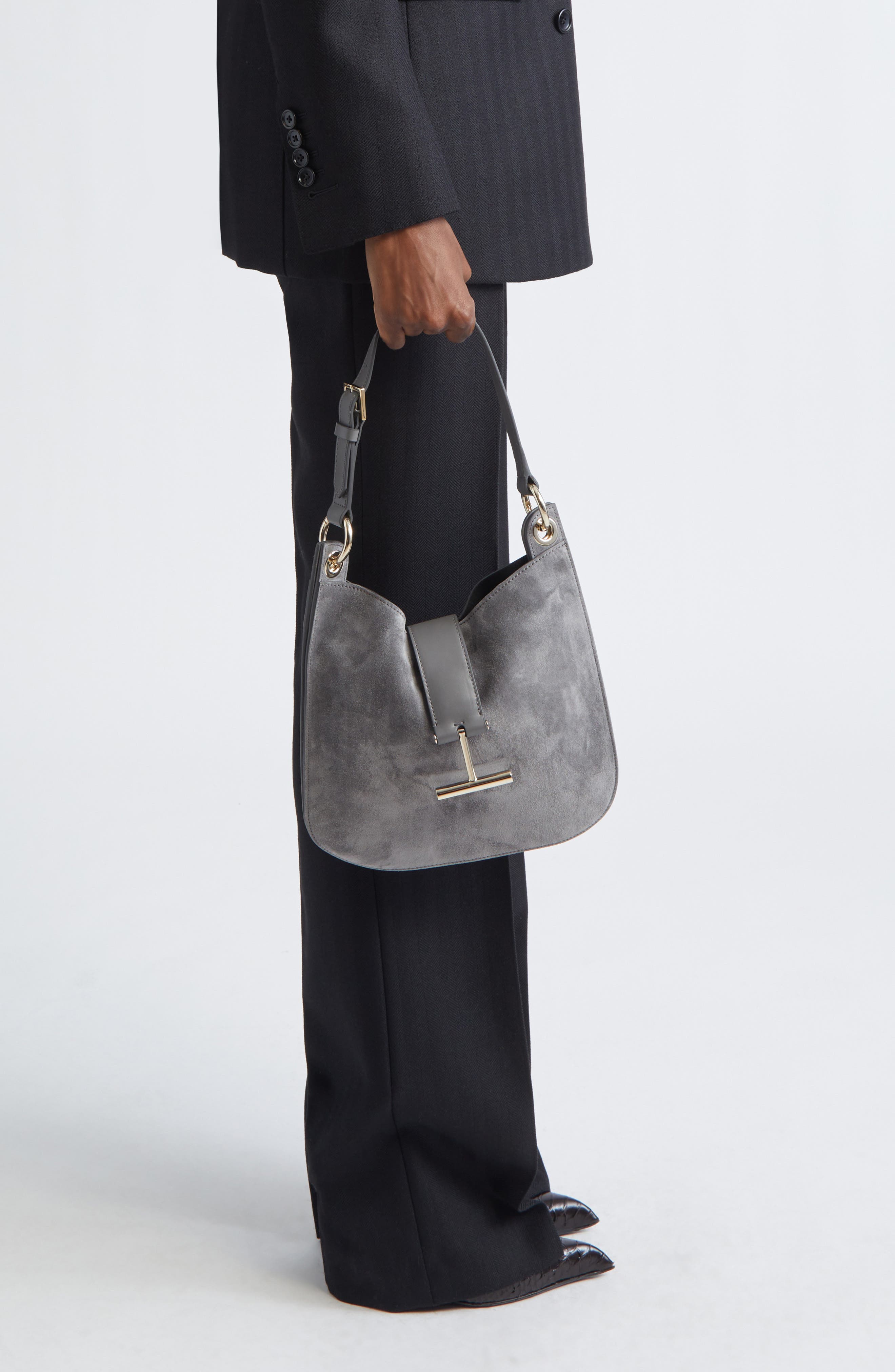 TOM FORD Small Tara Suede Top Handle Bag, Alternate, color, Grey