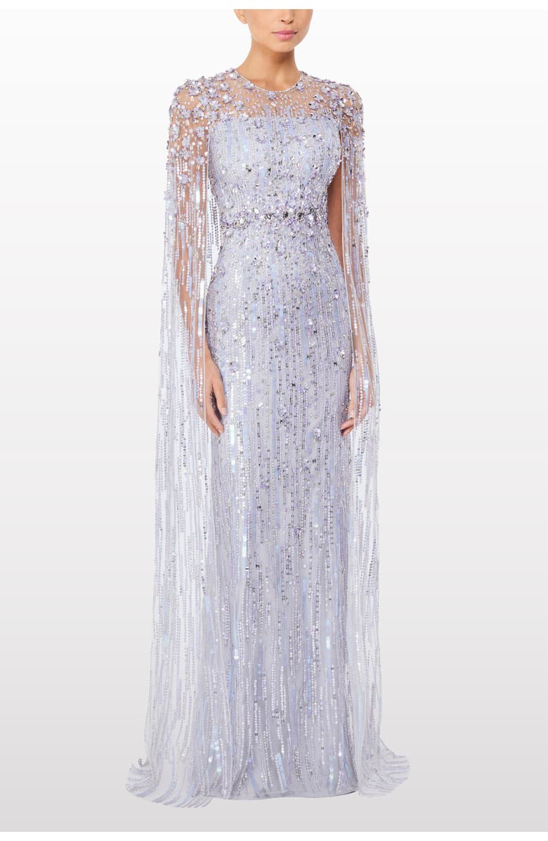 Jenny Packham Ruby Sequin-Embellished Cape Maxi Dress, Alternate, color, Cloud