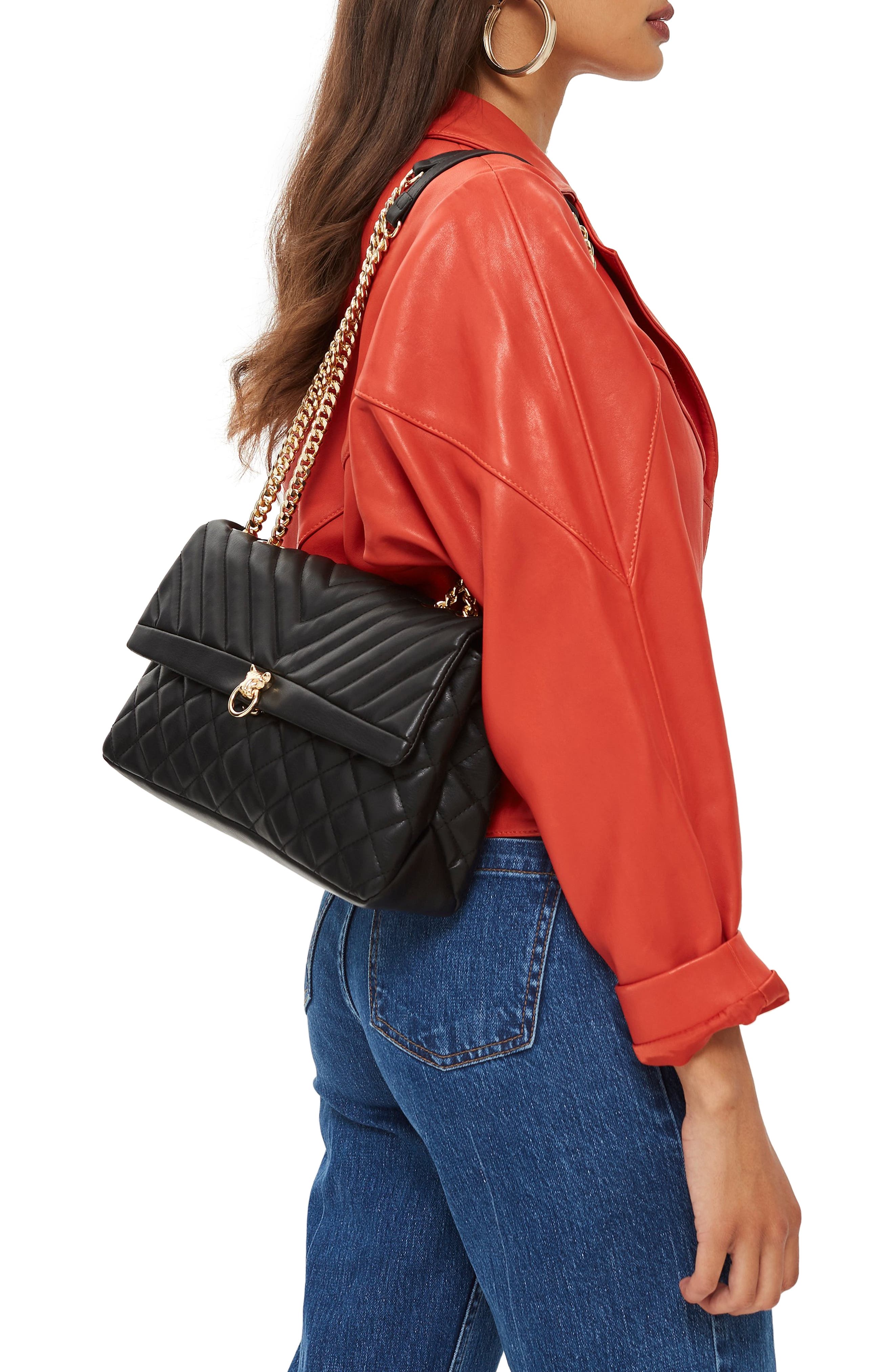Topshop Panther Quilted Faux Leather Shoulder Bag, Alternate, color, 