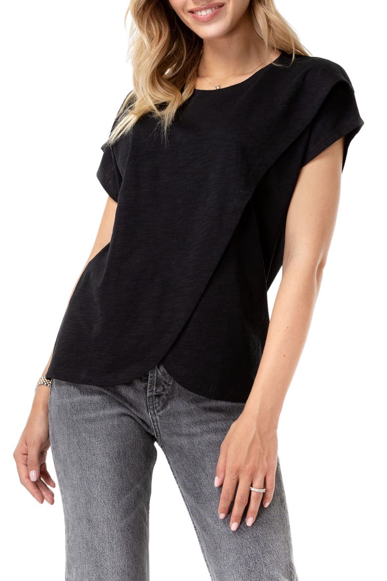 Handy Crossover Short Sleeve Cotton Maternity/Nursing Top, Main, color, BLACK