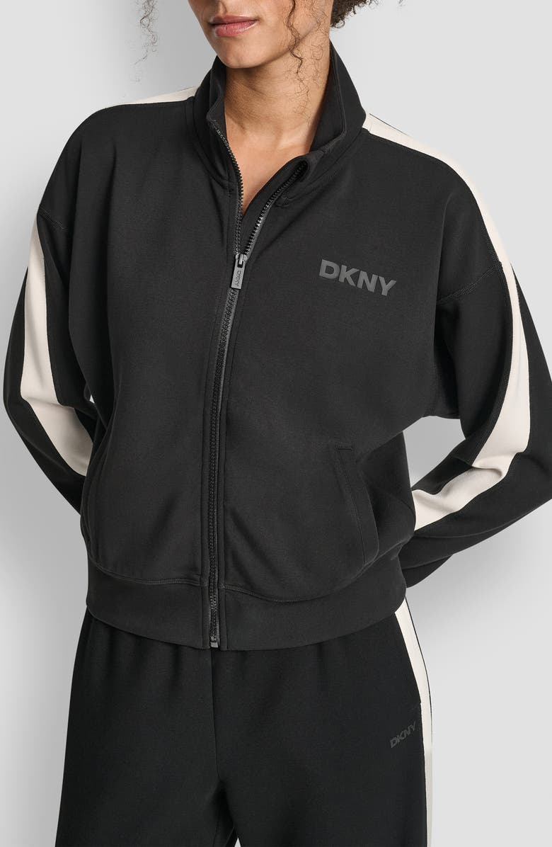 DKNY Stripe Full Zip Track Jacket, Main, color, Black/ Eggnog