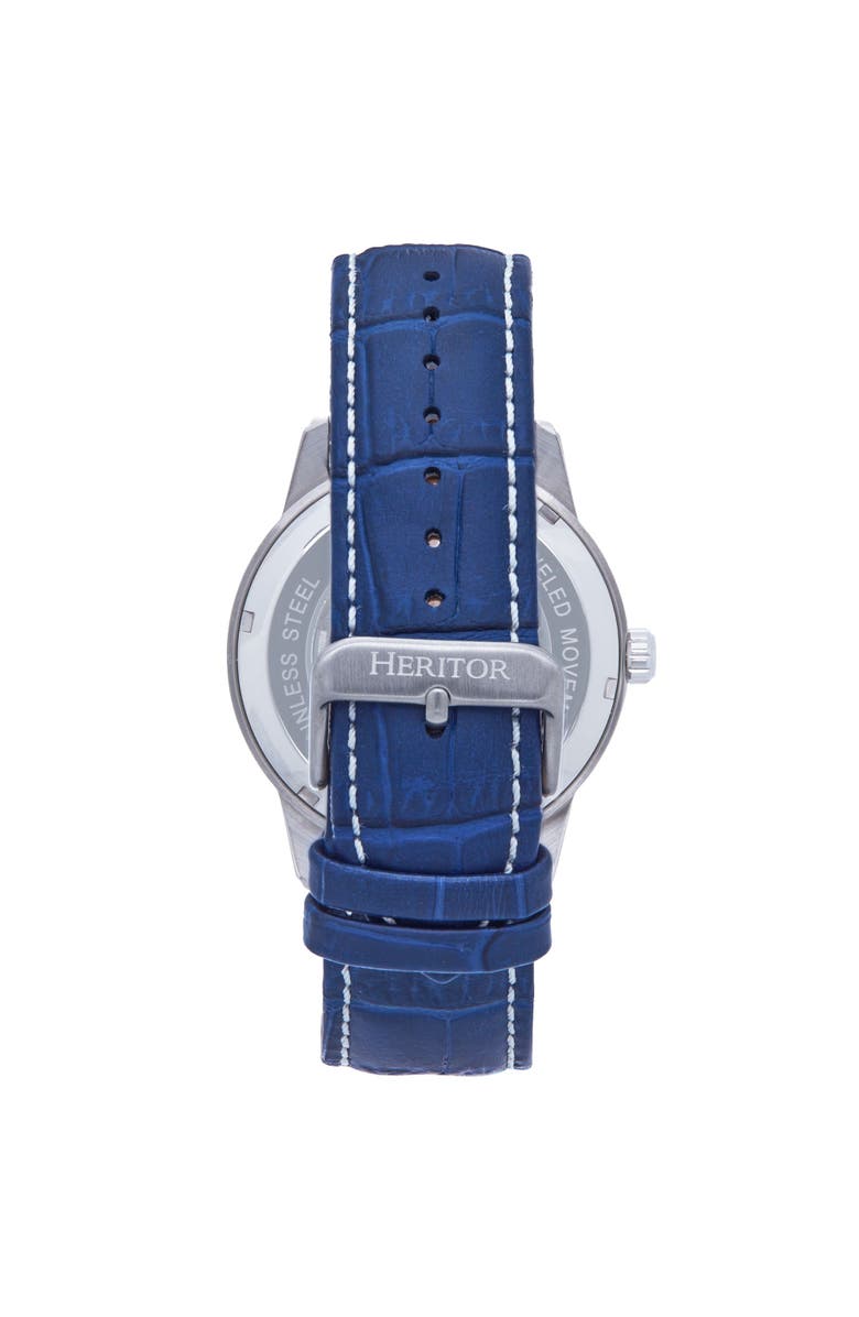 Heritor Automatic Davies Semi-Skeleton Leather-Band Watch, Alternate, color, Silver/Navy