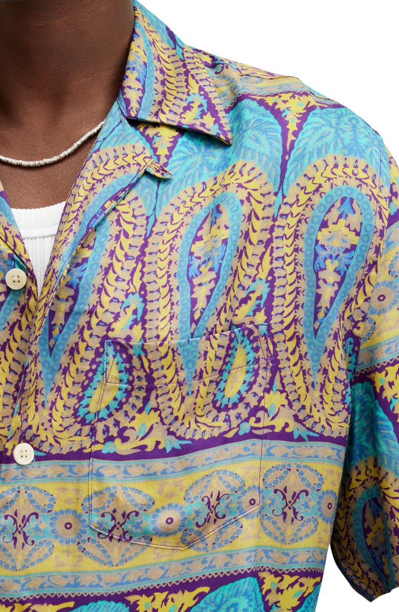 AllSaints Pennard Relaxed Fit Bandana Print Camp Shirt, Alternate, color, Costello Blue