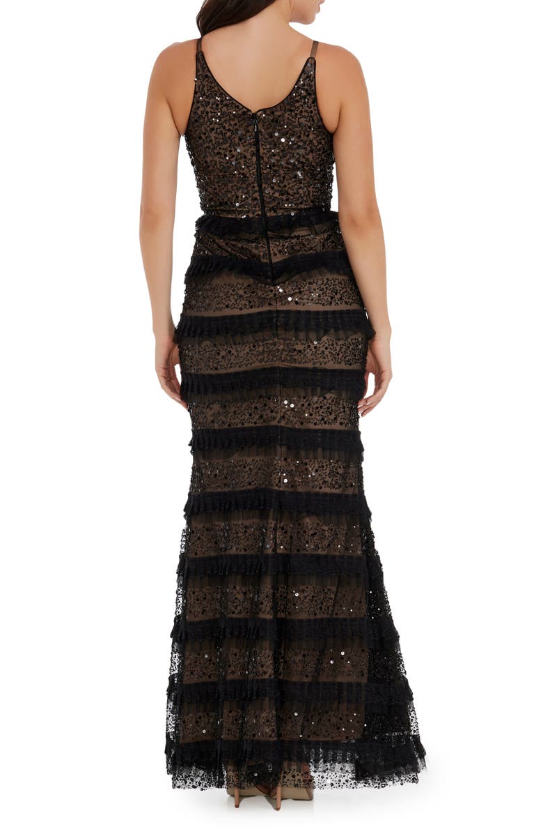 Dress the Population Guinevere Sequin Ruffle Gown, Alternate, color, Black/ Beige