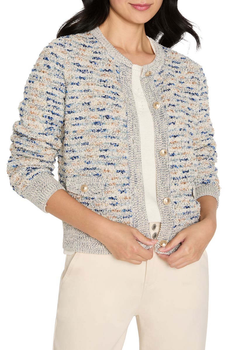 NIC+ZOE Always Shining Metallic Cotton Blend Cardigan, Main, color, Ivory/Blue
