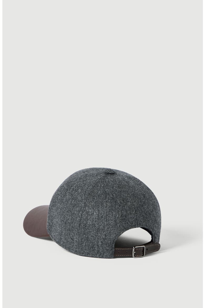 Virgin wool flannel and nappa leather baseball cap with shiny band, Alternate, color, Dark Grey