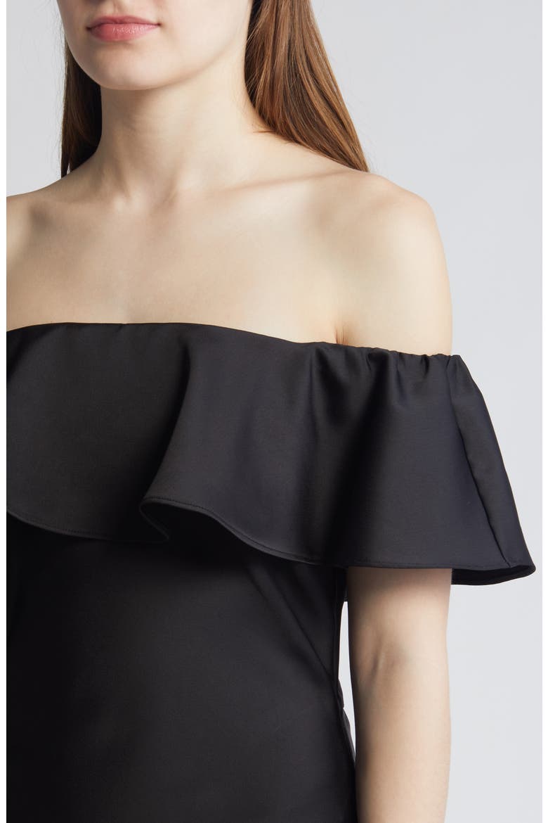 Off the Shoulder A-Line Satin Midi, Alternate, color, BLACK