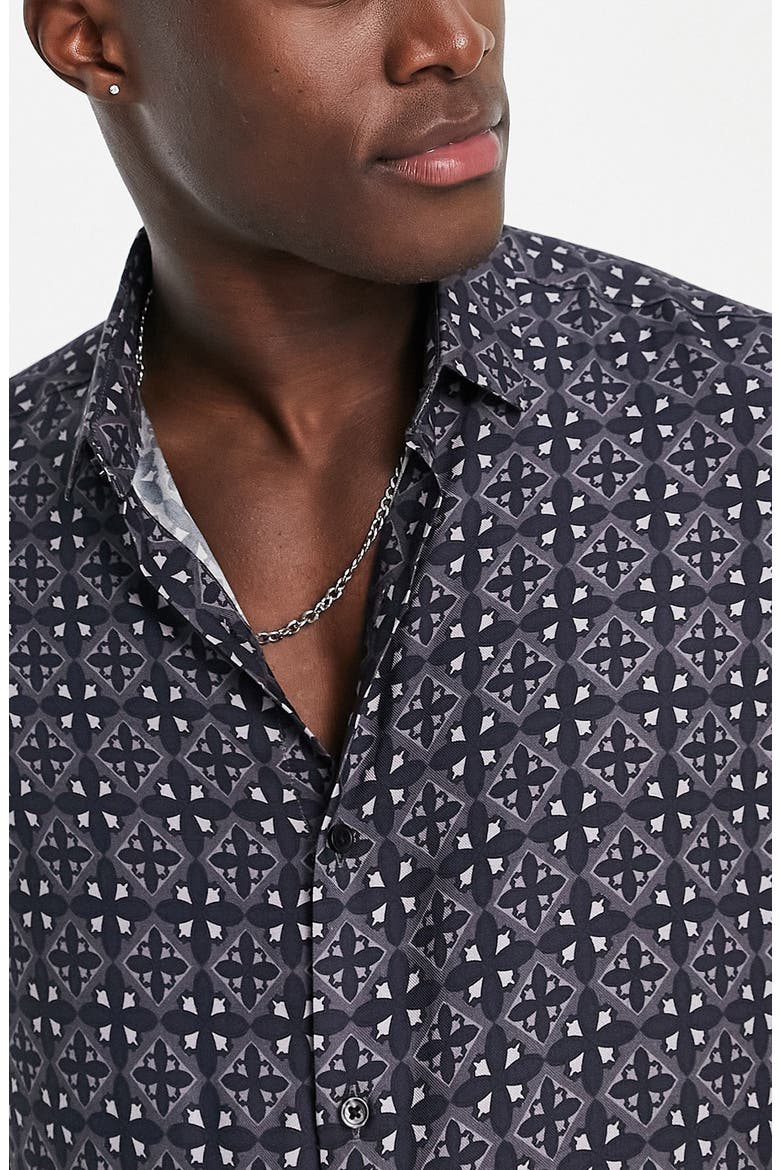Men's Geo Tile Print Button-Up Shirt, Alternate, color, BLACK