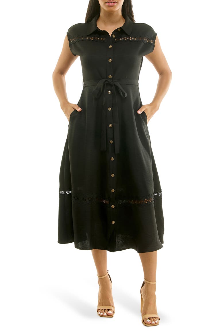 Cap Sleeve Lace Trim Midi Shirtdress, Main, color, BLACK