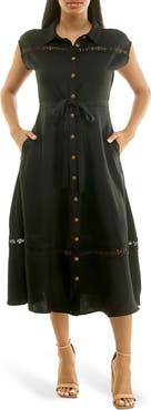 Nina Leonard Cap Sleeve Lace Trim Midi Shirtdress