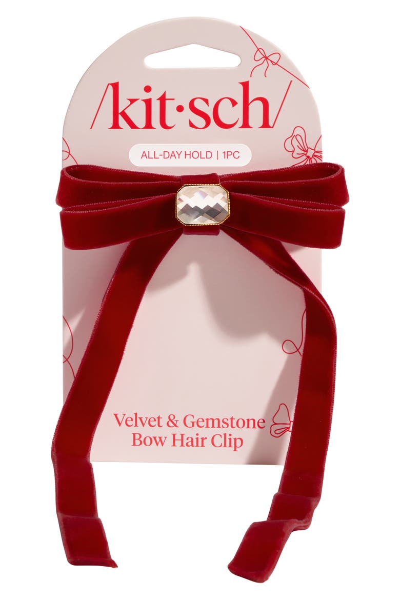 Velvet Rhinestone Bow Hair Clip, Alternate, color, RED
