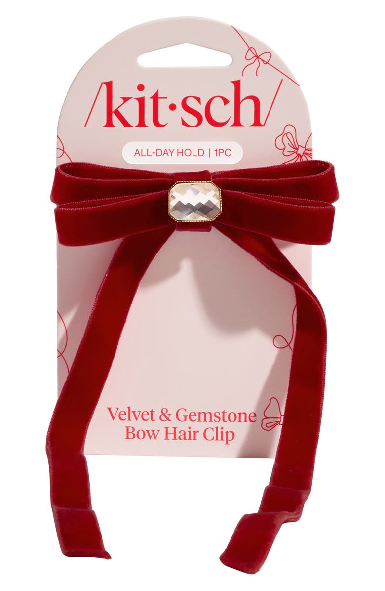 Kitsch Velvet Rhinestone Bow Hair Clip, Alternate, color, Red