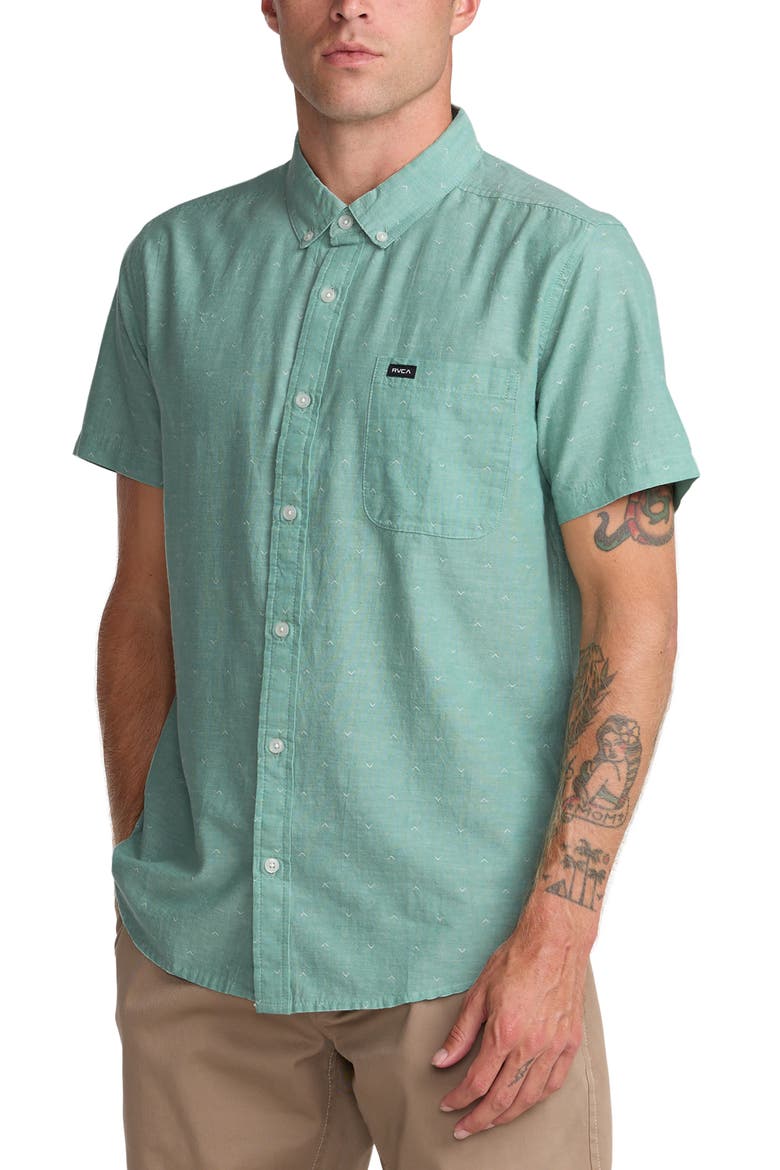 That'll Do Slim Fit Solid Short Sleeve Cotton Button-Down Shirt, Alternate, color, BOTTLE GREEN