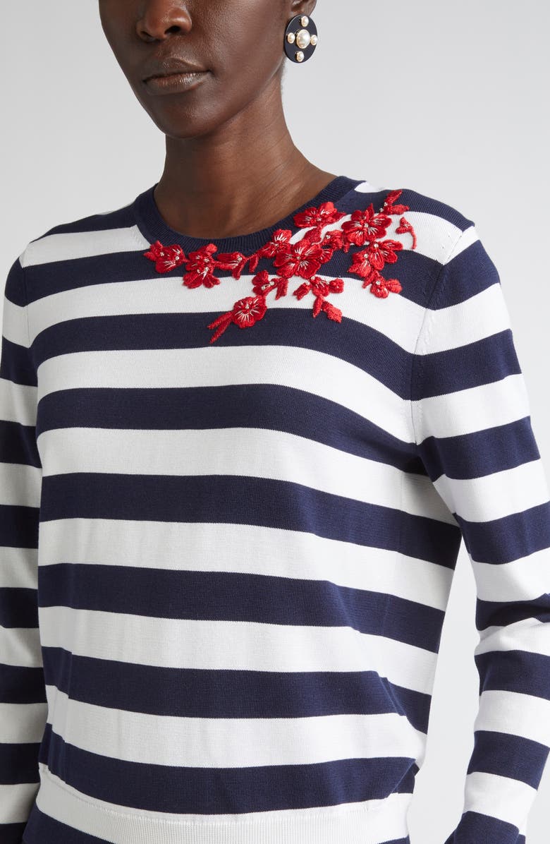Carolina Herrera Floral Embroidered Stripe Silk & Cotton Sweater, Alternate, color, Ivory Multi