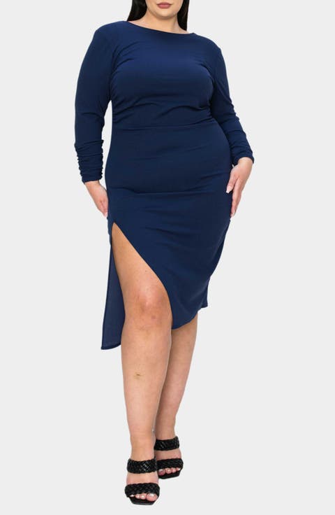 Bianca Open Back Side Slit Long Sleeve Stretch Dress (Plus)