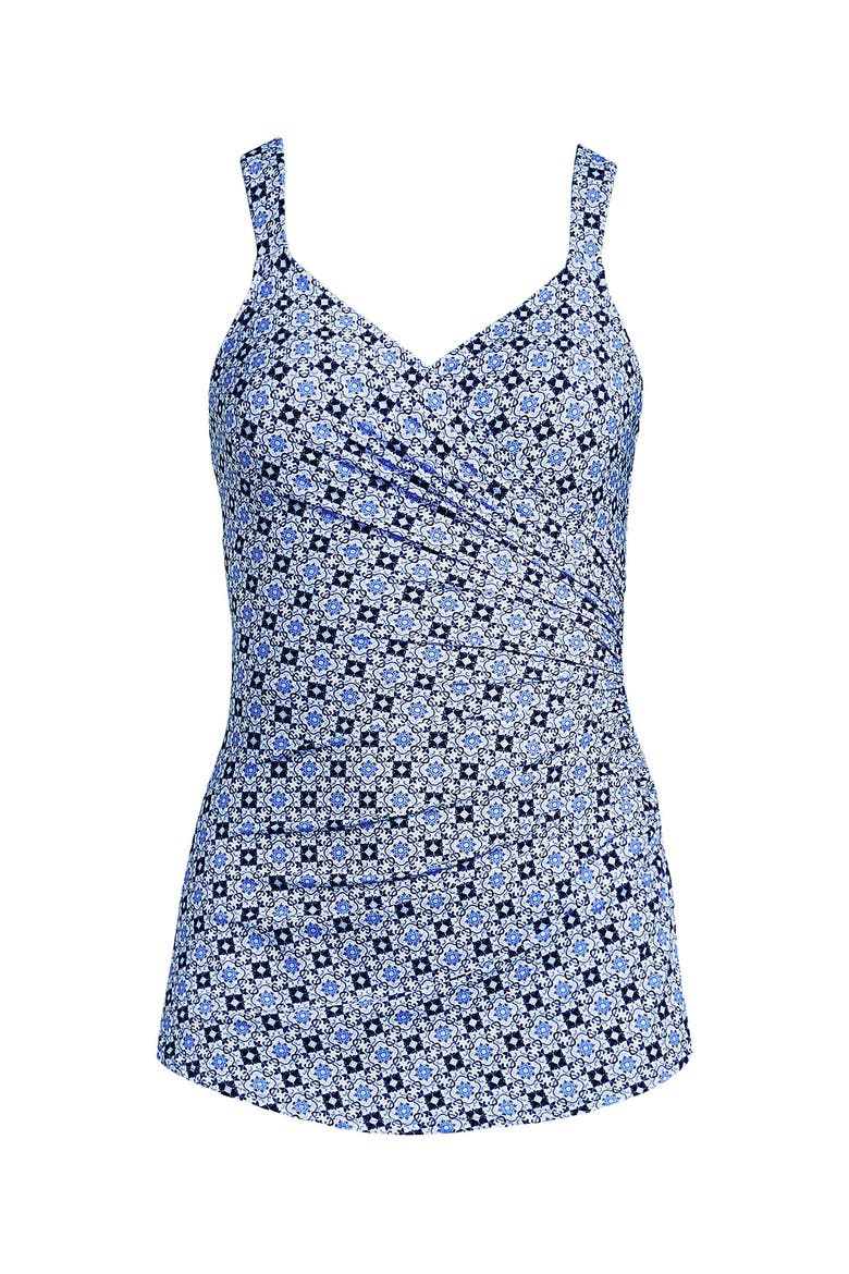 SlenderSuit V-neck Skirted Low Leg One Piece, Alternate, color, Lake Blue Geo Floral