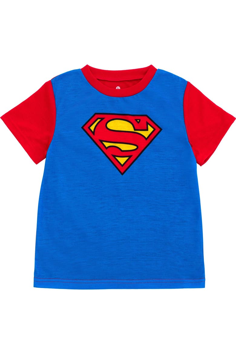 Justice League Pajama Shirt and Shorts Set with Cape, Alternate, color, Blue Red Superman