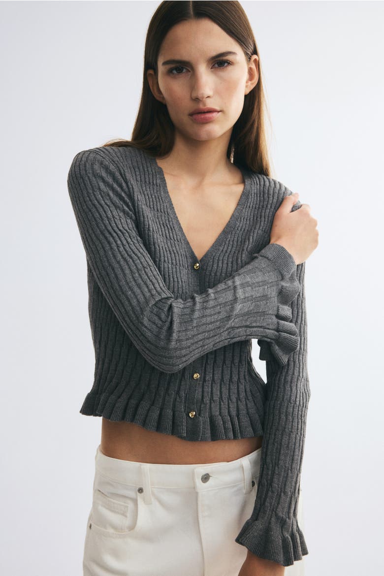Ruffle-Trimmed V-Neck Cardigan, Alternate, color, Gray melange