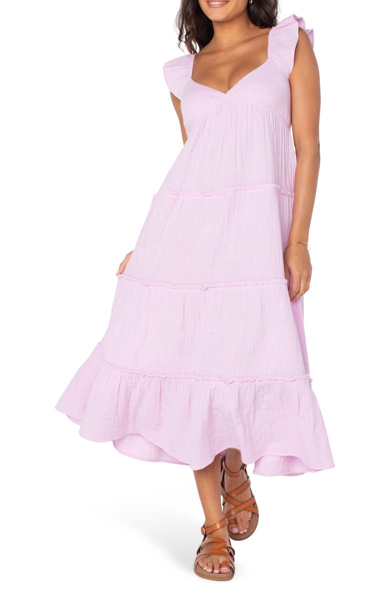 Roxy Palmy Days Tiered Cotton Midi Dress, Main, color, Orchid Bouquet Solid
