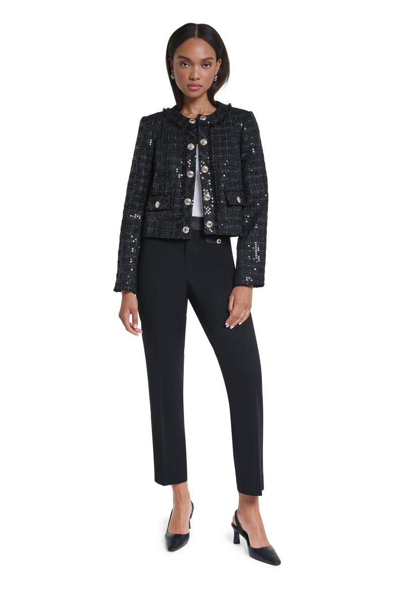 Sequin Collarless Jacket, Alternate, color, BLACK