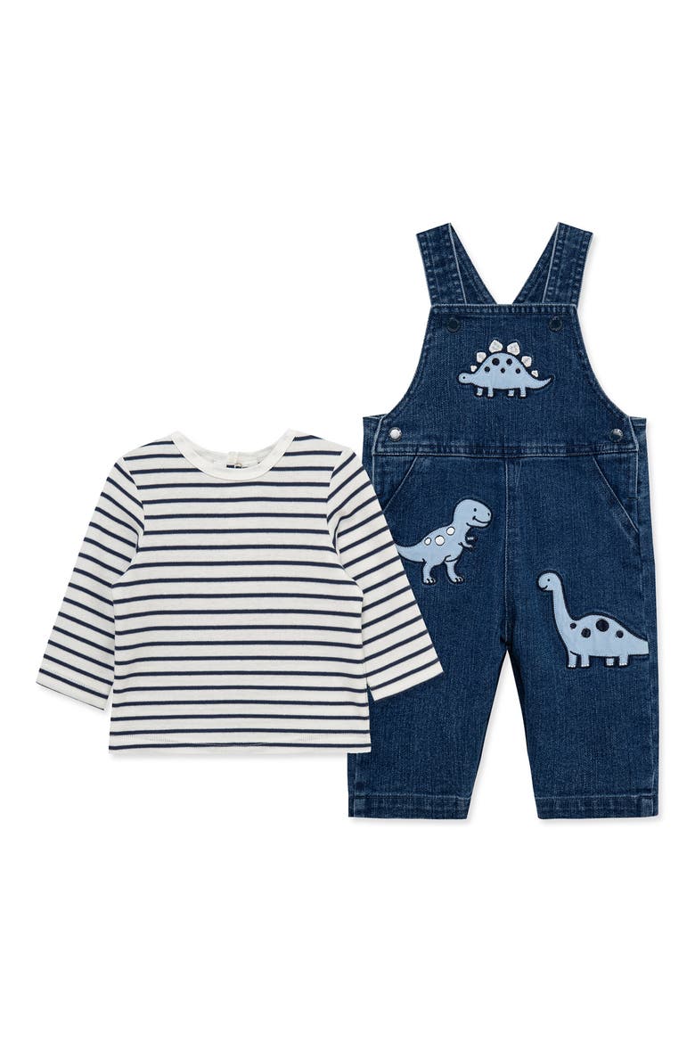 Dino Stripe Long Sleeve T-Shirt & Overalls Set, Main, color, DENIM