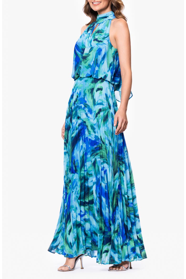 Abstract Floral Pleated Chiffon Gown, Alternate, color, TURQUOISE/ NAVY