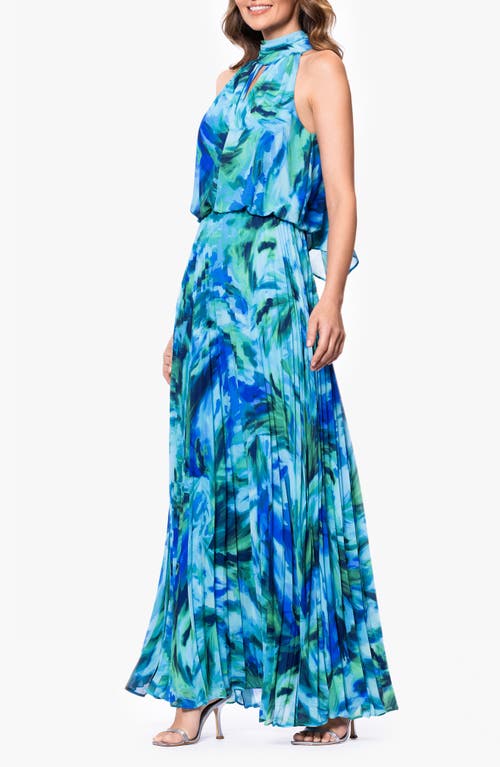 Xscape Evenings Abstract Floral Pleated Chiffon Gown In Blue