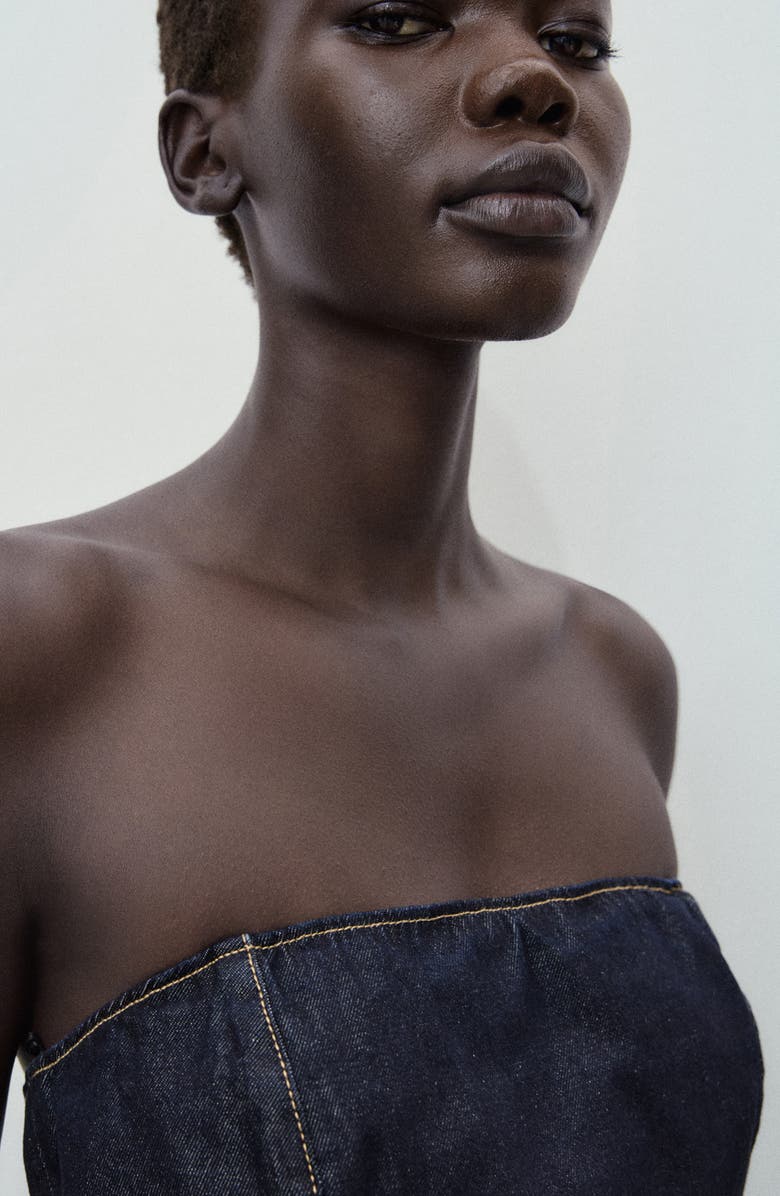 MANGO Mono Strapless Tie Waist Denim Jumpsuit, Alternate, color, Open Blue