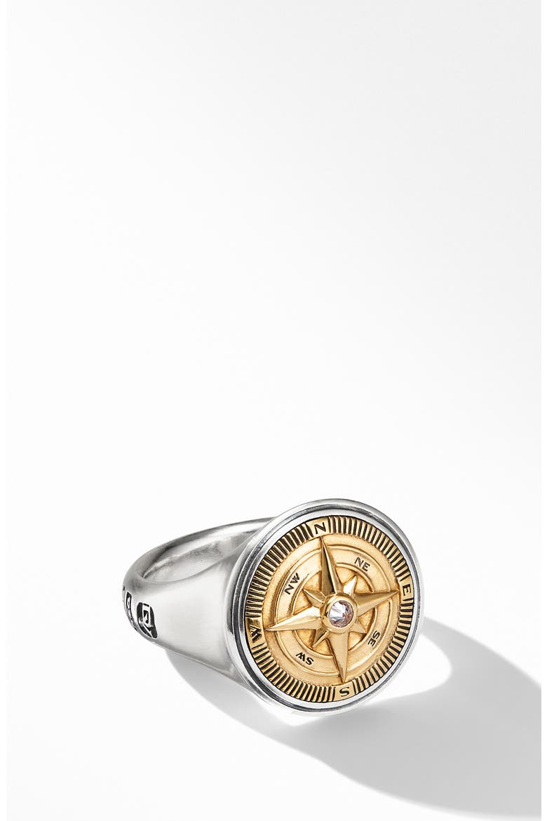 Maritime® Compass Signet Ring with 18K Yellow Gold and Center Diamond, Main, color, SILVER/ YELLOW GOLD/ DIAMOND