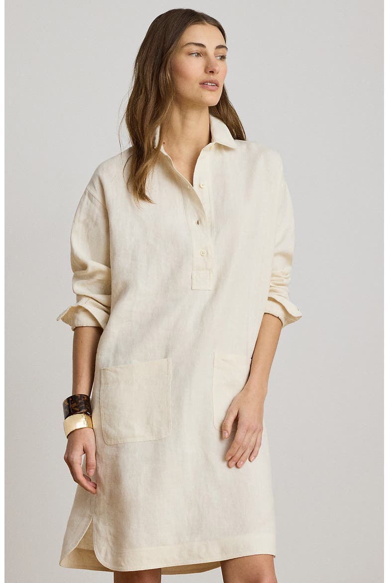 Classic Collar Long Sleeve Linen Shirtdress, Alternate, color, MASCARPONE CREAM