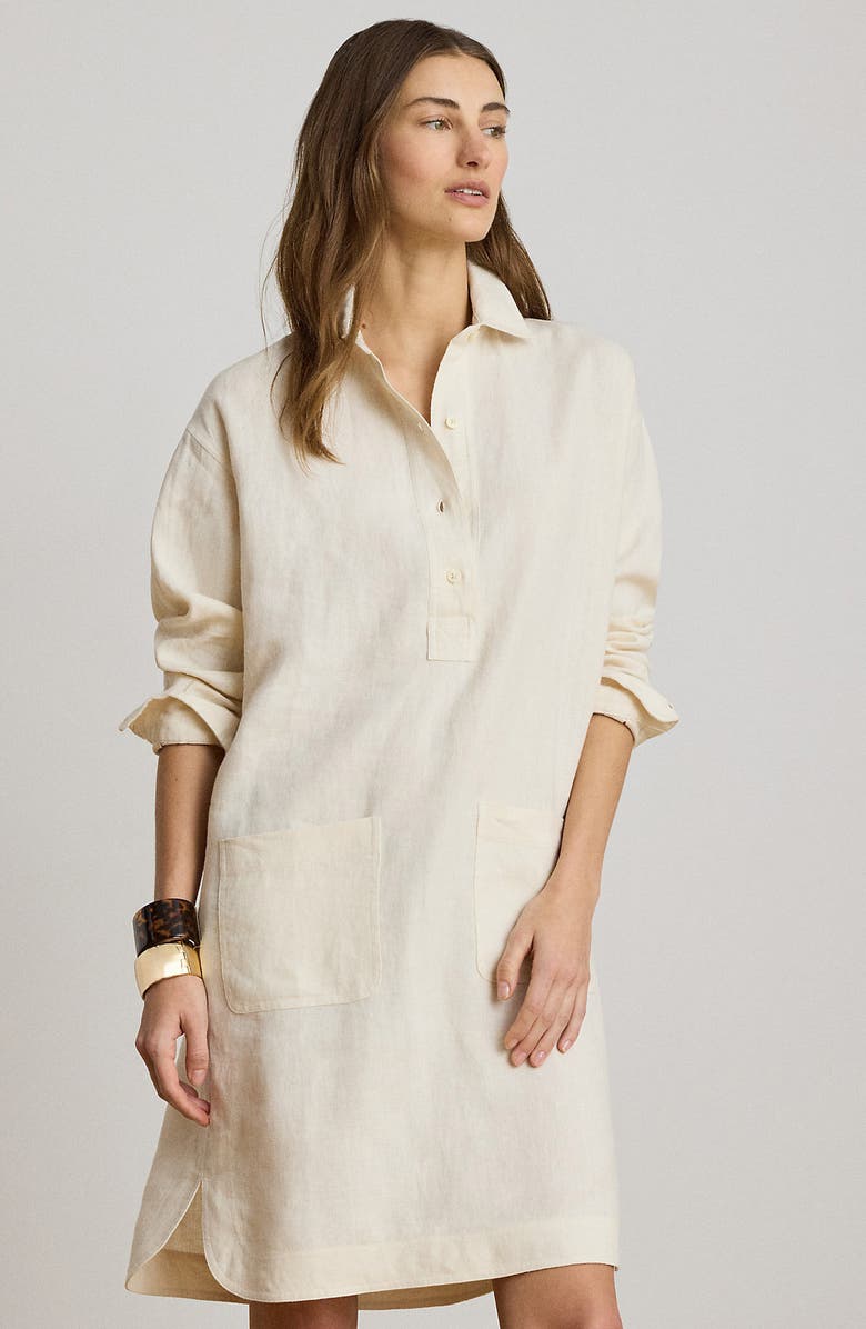 Lauren Ralph Lauren Classic Collar Long Sleeve Linen Shirtdress, Alternate, color, Mascarpone Cream