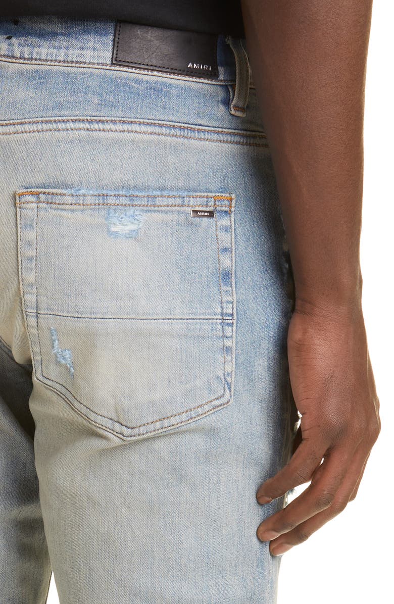 AMIRI MX1 Cracked Paint Leather Patch Ripped Skinny Jeans, Alternate, color, 