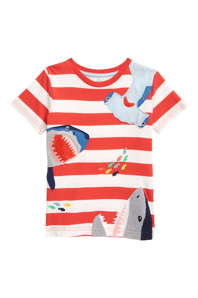 Kids' Sea Animals Appliqué Stripe T-Shirt, Main, color, STRAWBERRY TART RED SHARKS