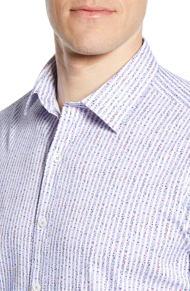 Bugatchi Shaped Fit Stripe Short Sleeve Button-Up Shirt, Alternate, color, Air Blue