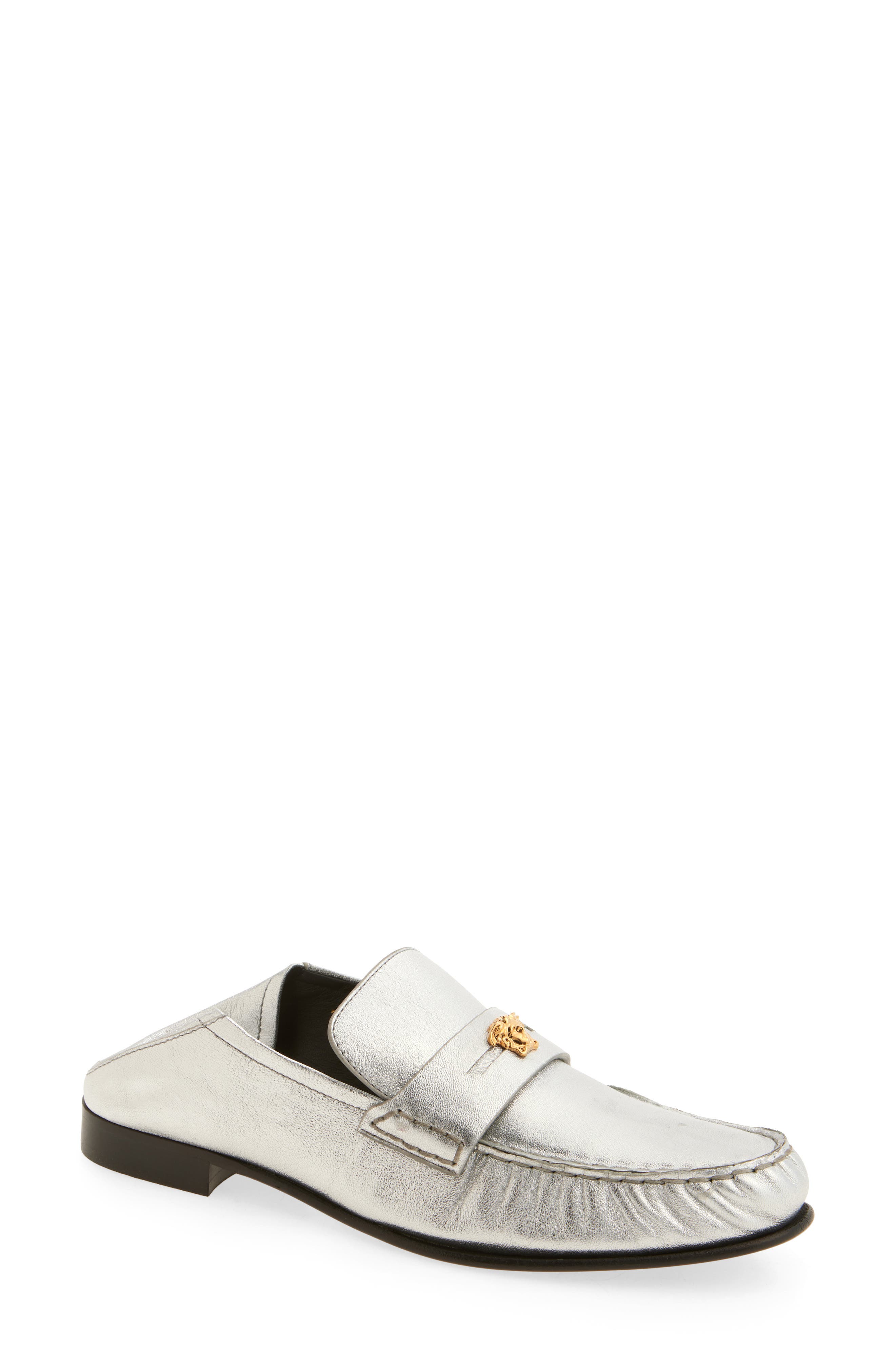 Versace Medusa Convertible Metallic Penny Loafer, Alternate, color, Silver-Versace Gold