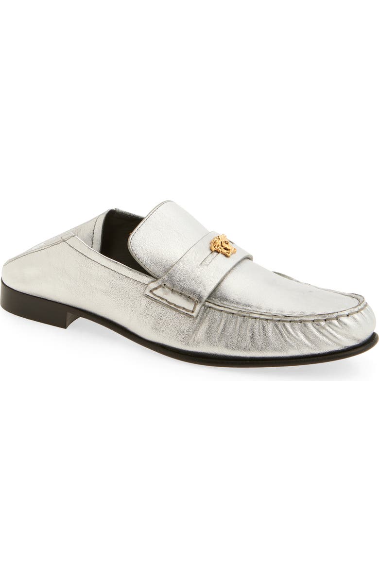 Versace Medusa Convertible Metallic Penny Loafer, Alternate, color, Silver-Versace Gold