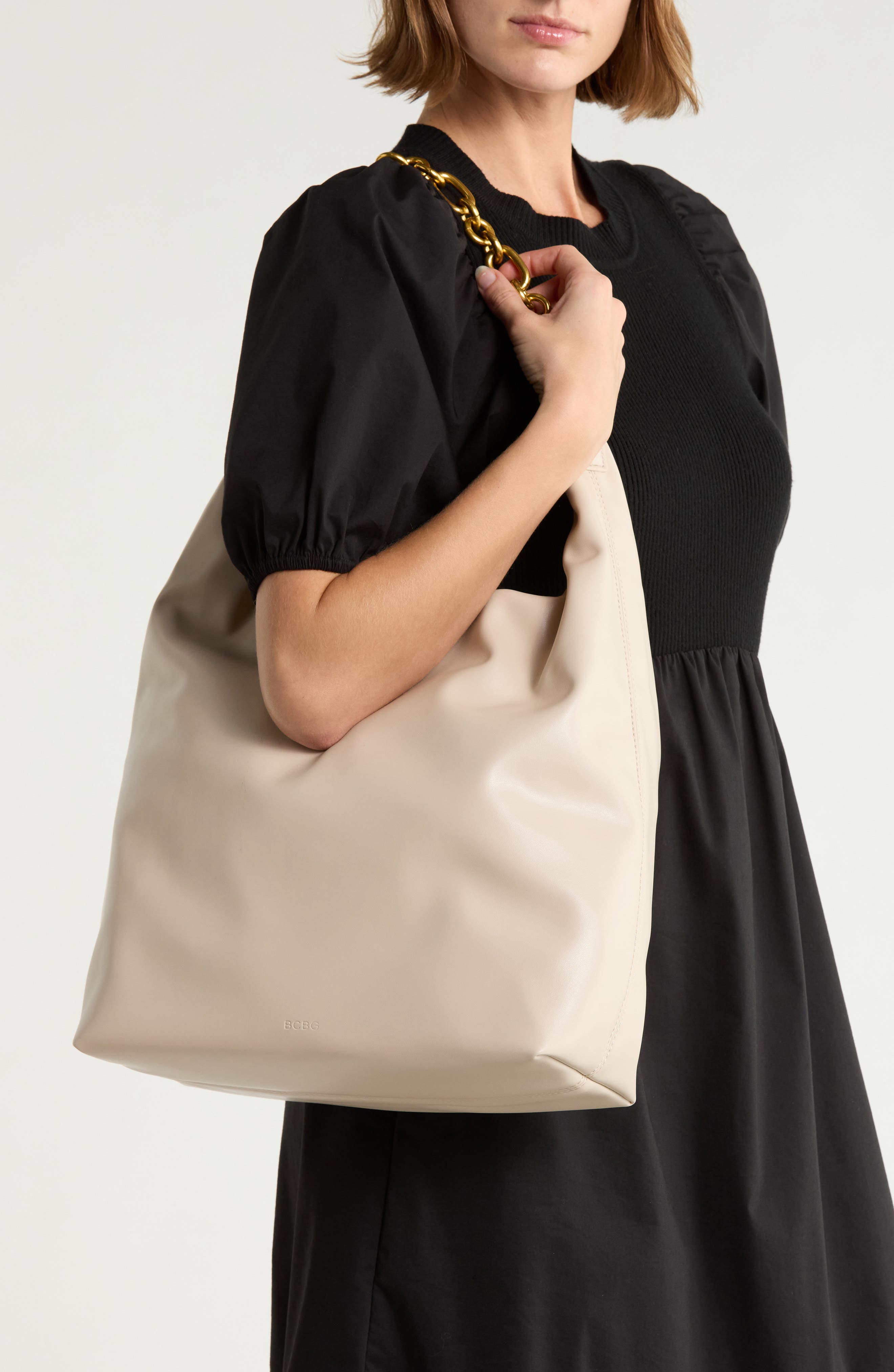 Chain Faux Leather Hobo, Alternate, color, ALMOND