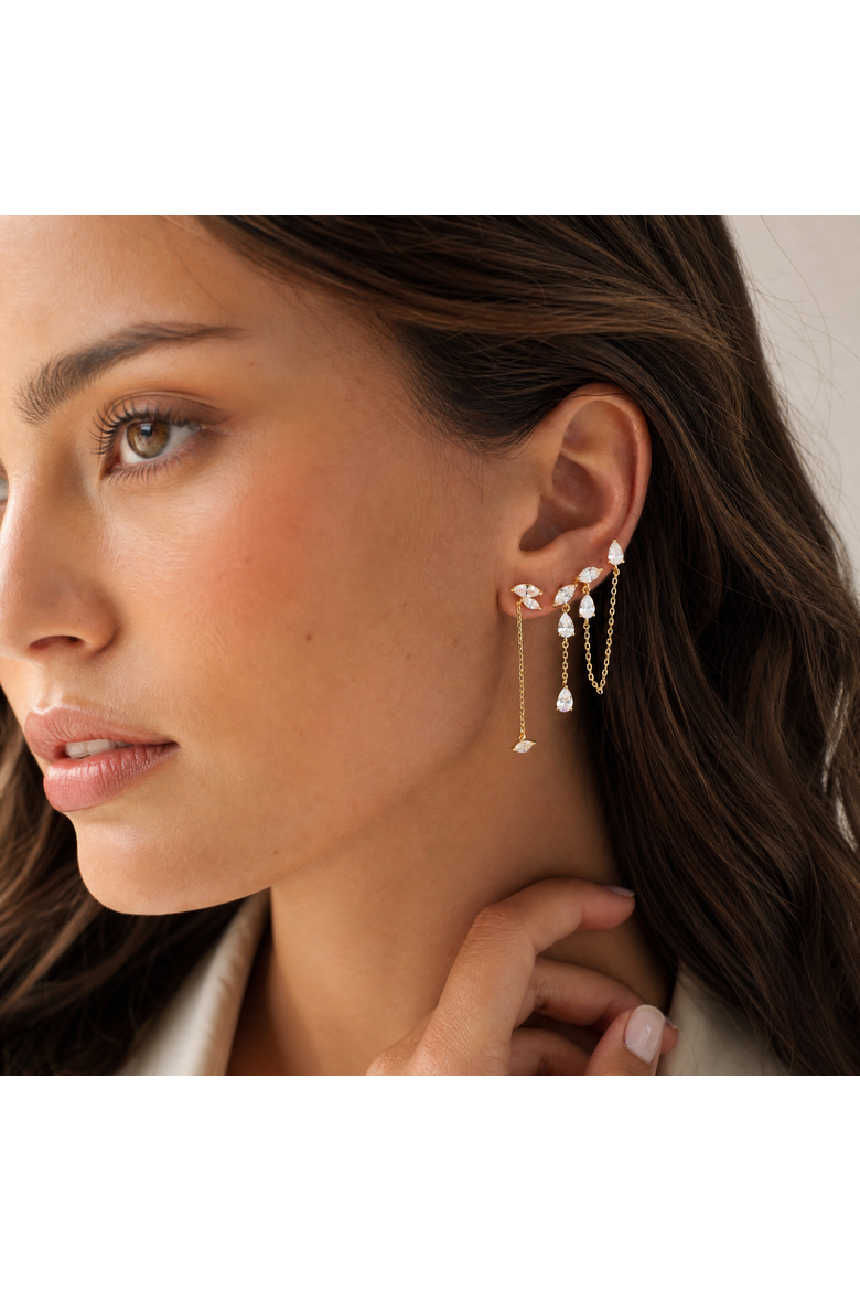 Marquise Cluster Drop Chain Stud Earring, Alternate, color, Gold