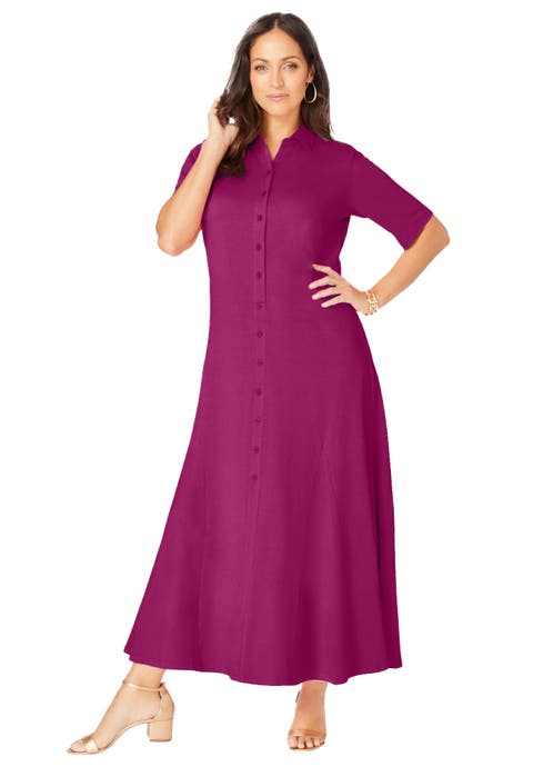 Stretch Cotton Button Front Maxi Dress (Plus Available)